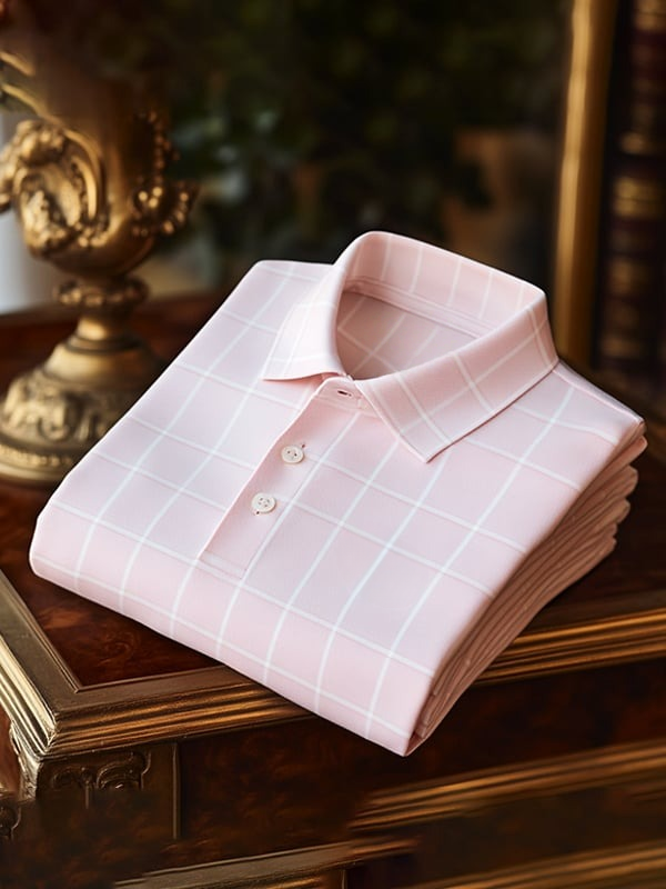 Men's Classic Business Pink and White Striped Logo Button Short Sleeve Polo Shirt