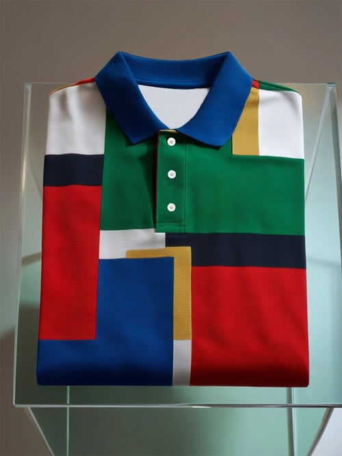 Men's Business Casual Mondrian Geometric Art Button Short Sleeve Polo Shirt