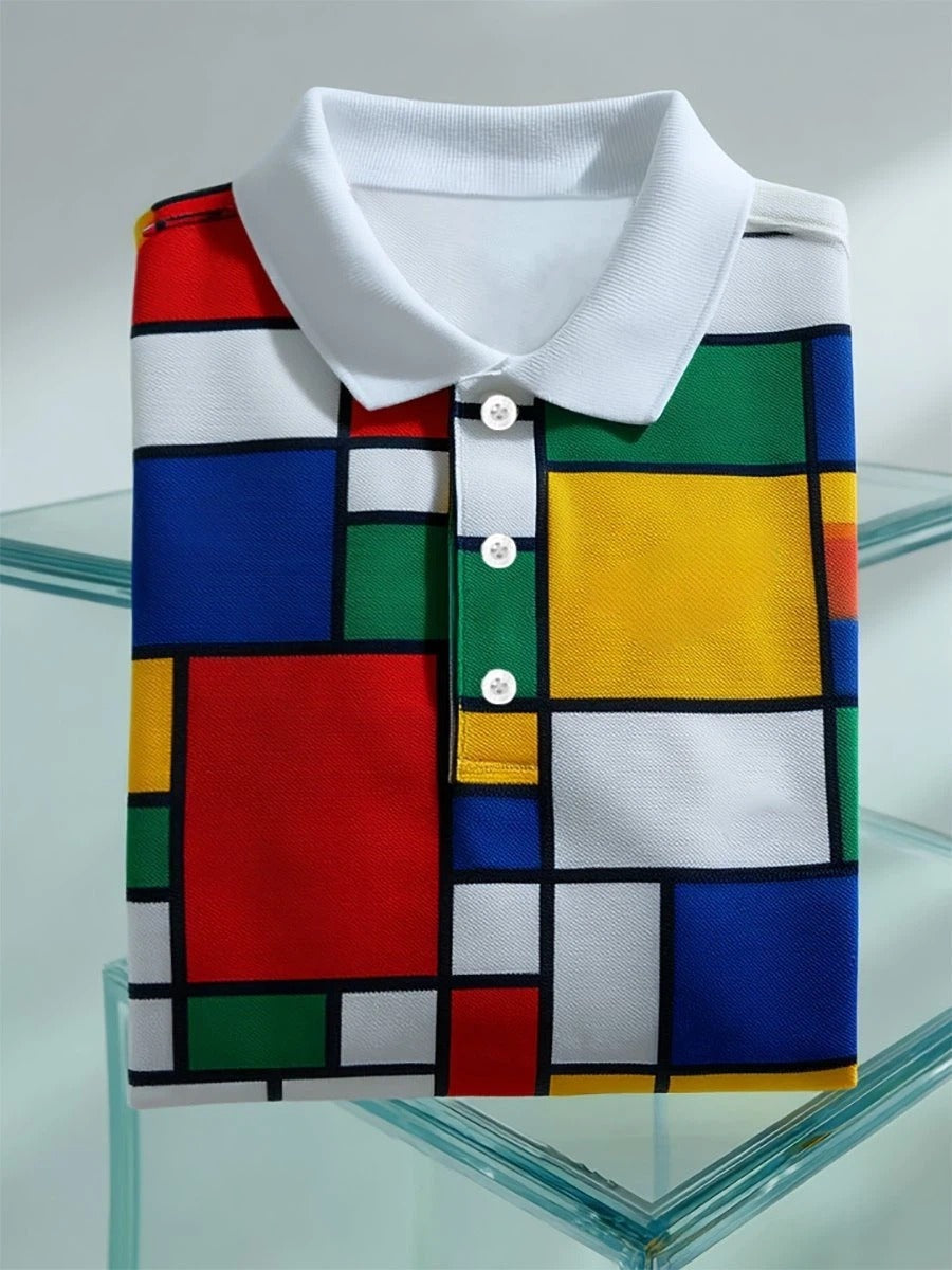 Men's Business Casual Mondrian Geometric Art Button Short Sleeve Polo Shirt