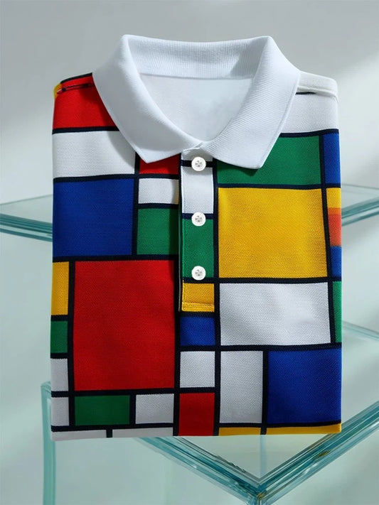 Men's Business Casual Mondrian Geometric Art Button Short Sleeve Polo Shirt