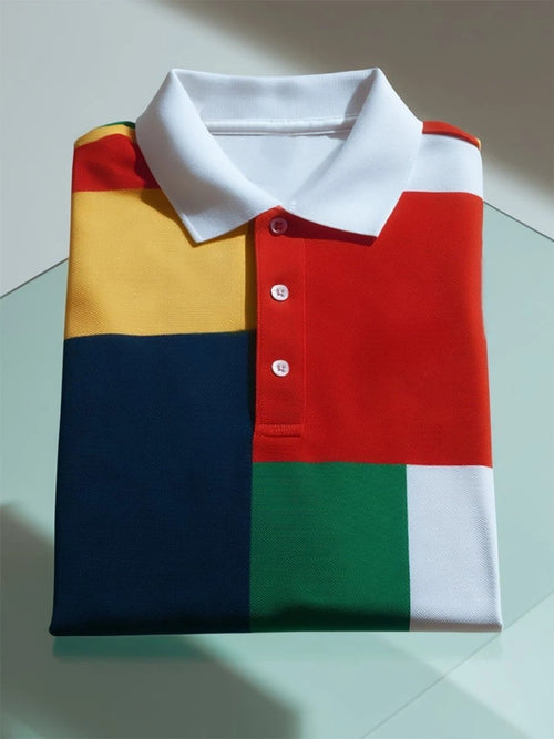 Men's Business Casual Mondrian Geometric Art Button Short Sleeve Polo Shirt