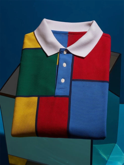 Men's Business Casual Mondrian Geometric Art Button Short Sleeve Polo Shirt