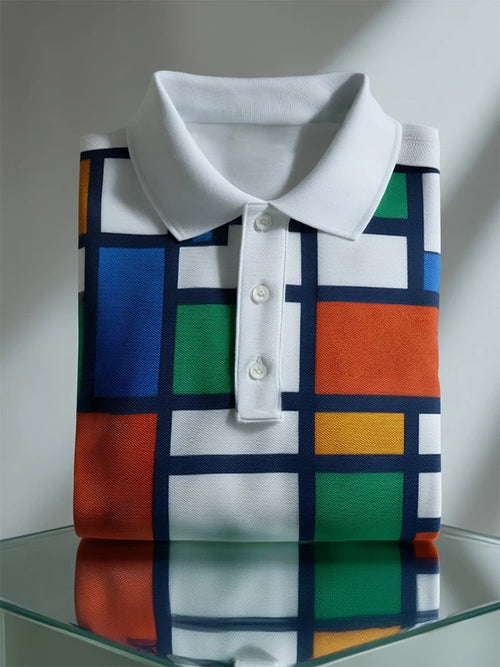 Men's Business Casual Mondrian Geometric Art Button Short Sleeve Polo Shirt