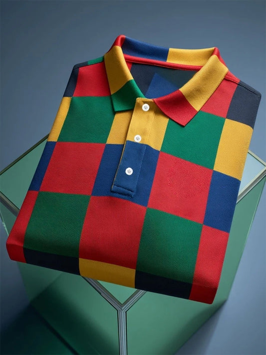 Men's Business Casual  Geometric Art Button Short Sleeve Polo Shirt