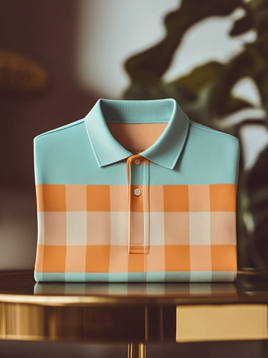 Men's Classic Business Check Logo Button Short Sleeve Polo Shirt