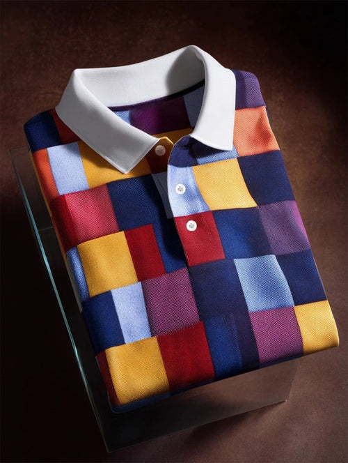 Men's Business Casual Geometric Plaid Art Button Short Sleeve Polo Shirt