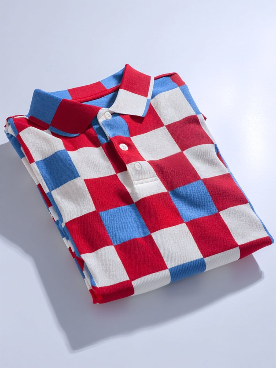 Men's Business Casual Geometric Plaid Art Button Short Sleeve Polo Shirt