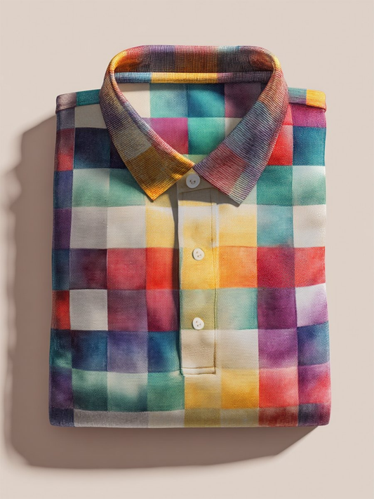 Men's Business Casual Geometric Plaid Art Button Short Sleeve Polo Shirt