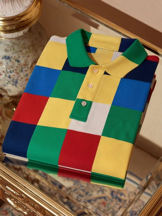 Men's Business Casual Geometric Plaid Art Button Short Sleeve Polo Shirt