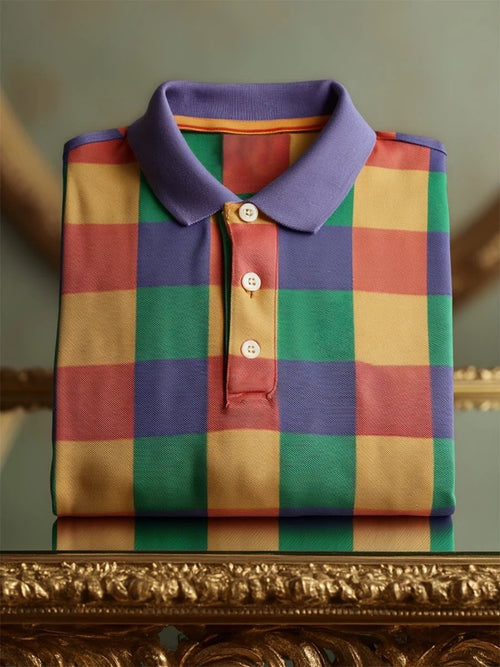 Men's Business Casual Geometric Plaid Art Button Short Sleeve Polo Shirt
