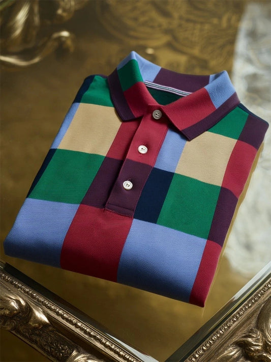 Men's Business Casual Geometric Plaid Art Button Short Sleeve Polo Shirt