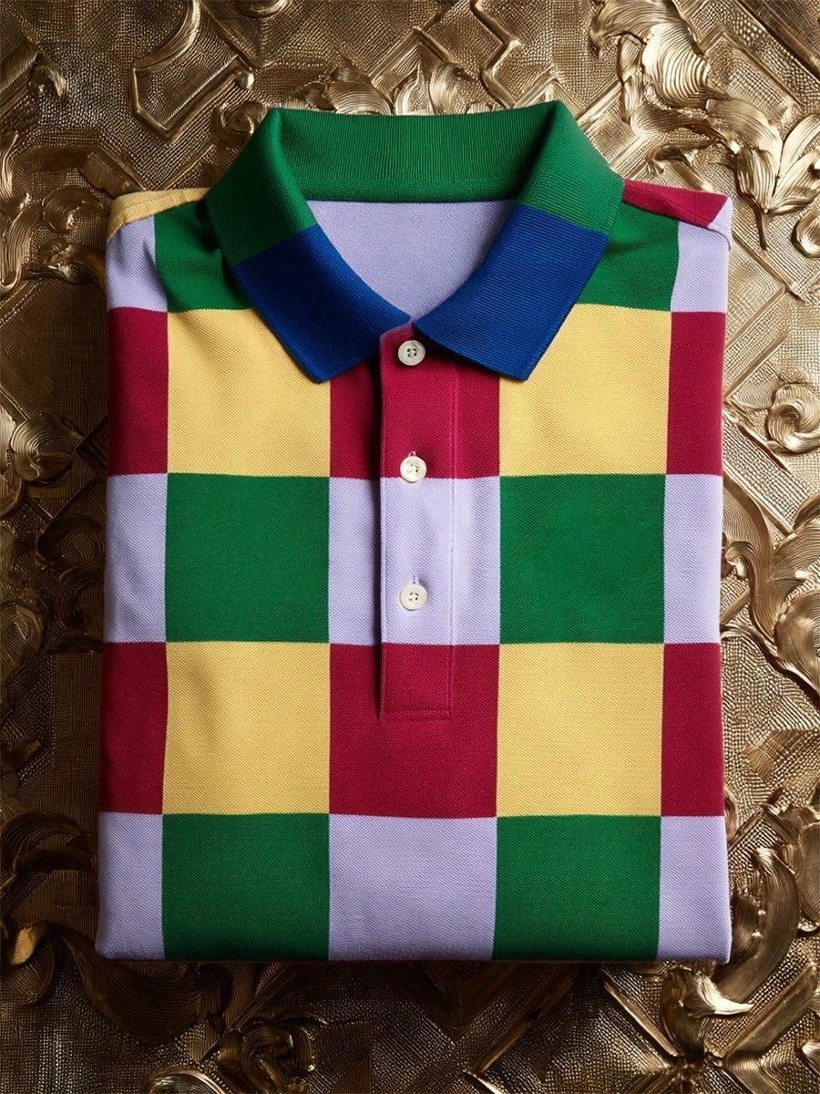 Men's Business Casual Geometric Plaid Art Button Short Sleeve Polo Shirt