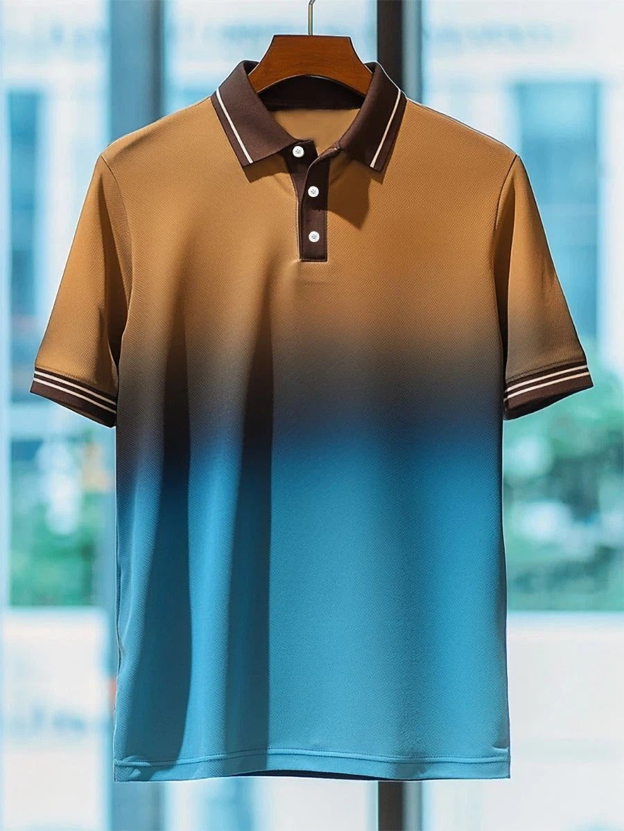 Men's Business Casual Gradient Art Button Short Sleeve Polo Shirt