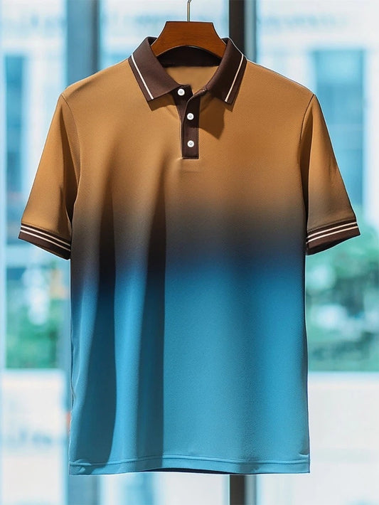 Men's Business Casual Gradient Art Button Short Sleeve Polo Shirt