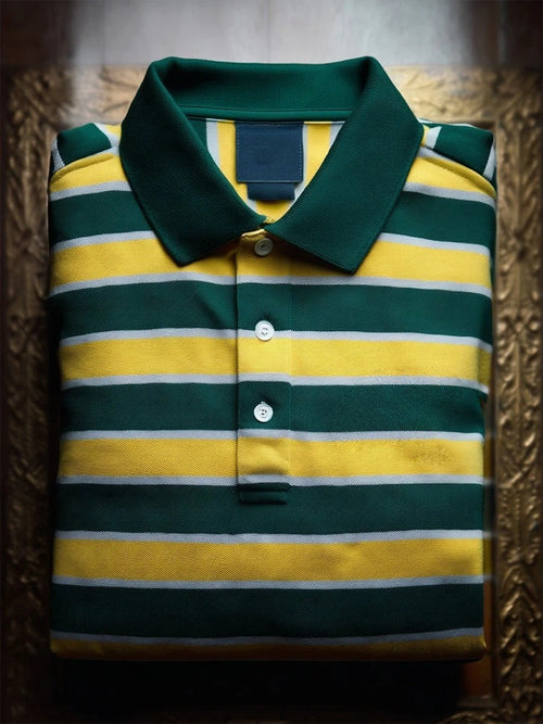 Men's Business Casual Stripe Art Button Short Sleeve Polo Shirt