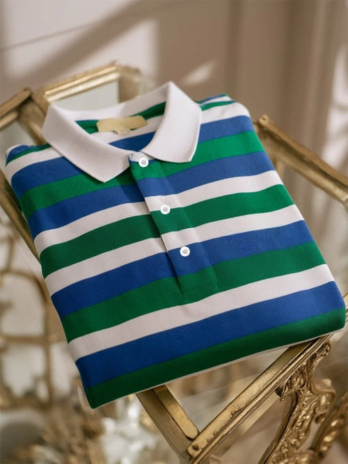 Men's Business Casual Stripe Art Button Short Sleeve Polo Shirt