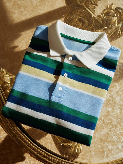 Men's Business Casual Stripe Art Button Short Sleeve Polo Shirt