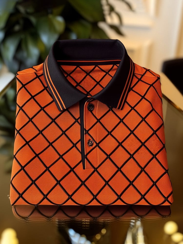 Men's Classic Business Check Logo Button Short Sleeve Polo Shirt
