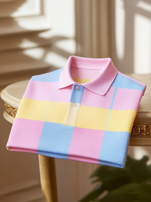 Men's Classic Business Check Logo Button Short Sleeve Polo Shirt