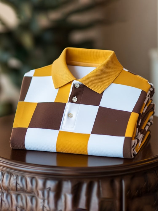 Men's Classic Business Check Logo Button Short Sleeve Polo Shirt