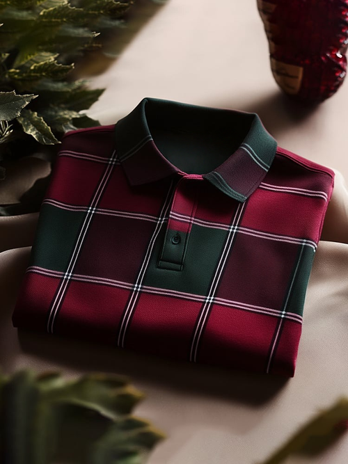 Men's Classic Business Check Logo Button Short Sleeve Polo Shirt