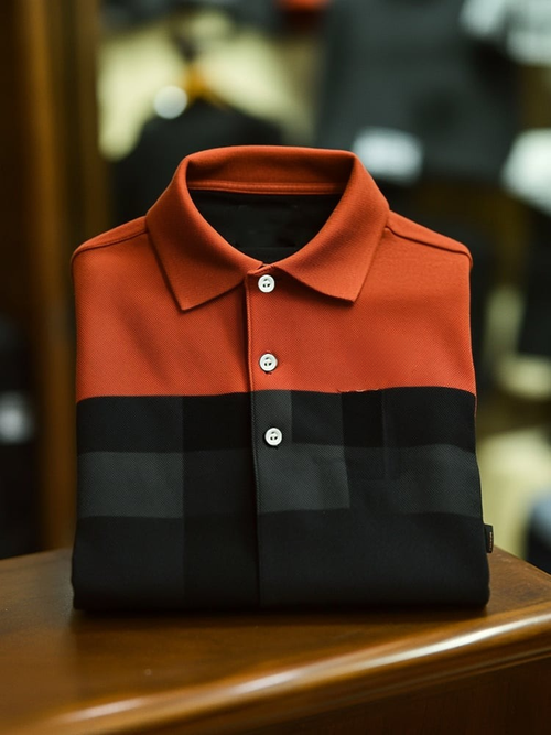 Men's Business Casual Orange and Black Block Button Short Sleeve Polo Shirt