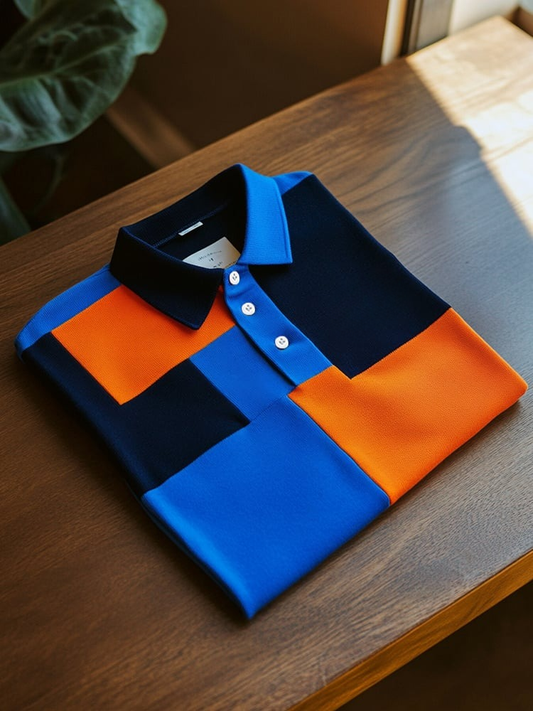 Men's Business Casual Blue and Orange Block Button Short Sleeve Polo Shirt