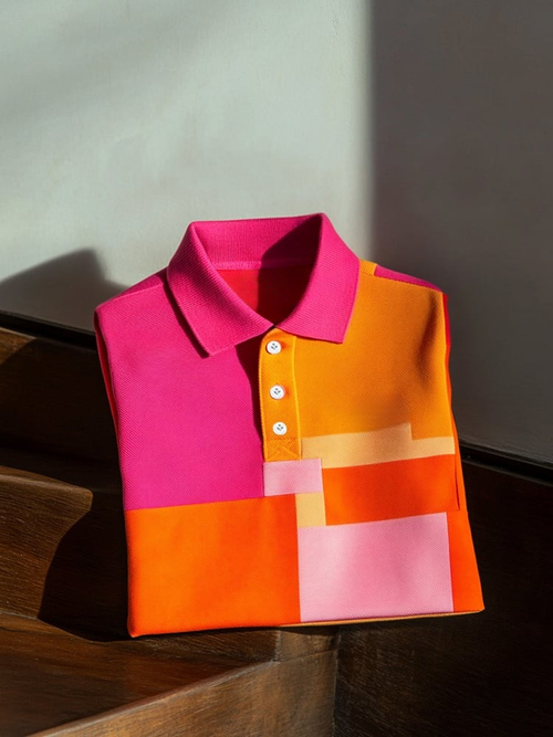 Men's Business Casual Pink and Orange Block Button Short Sleeve Polo Shirt