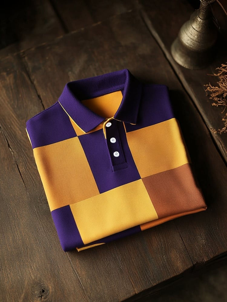 Men's Business Casual Yellow Purple Block Button Short Sleeve Polo Shirt