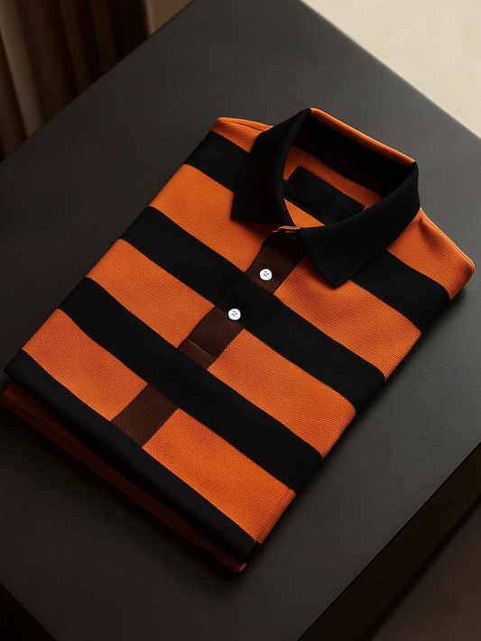 Men's Business Casual Black and Orange Stripe Button Short Sleeve Polo Shirt