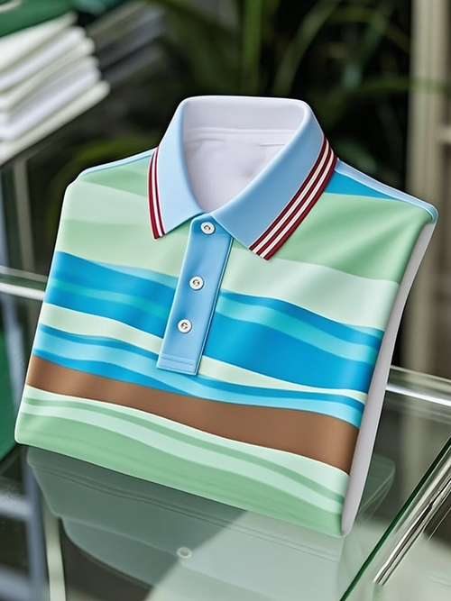Men's Classic Business Stripe Logo Button Short Sleeve Polo Shirt