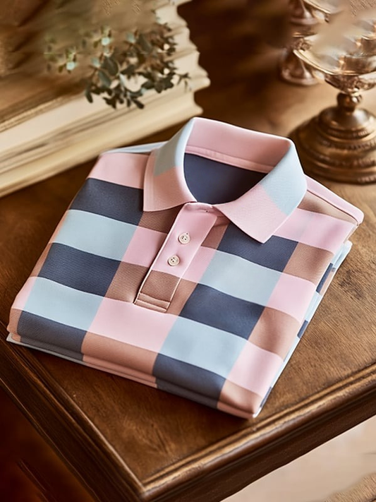 Men's Classic Business Check Logo Button Short Sleeve Polo Shirt