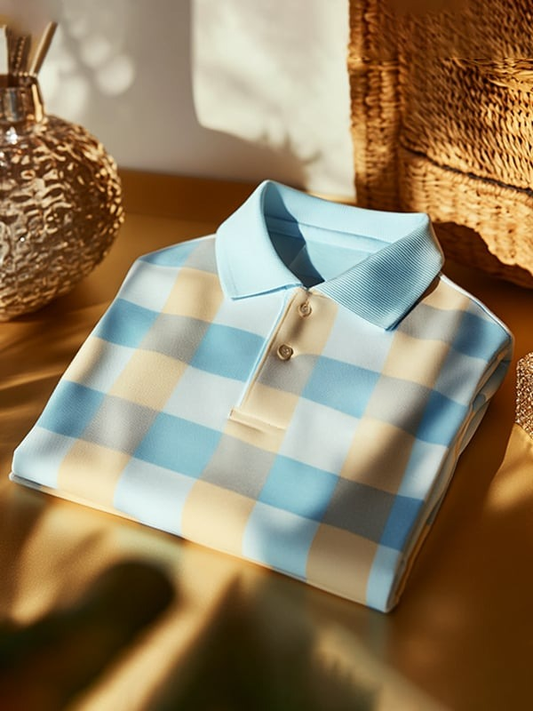 Men's Classic Business Check Logo Button Short Sleeve Polo Shirt
