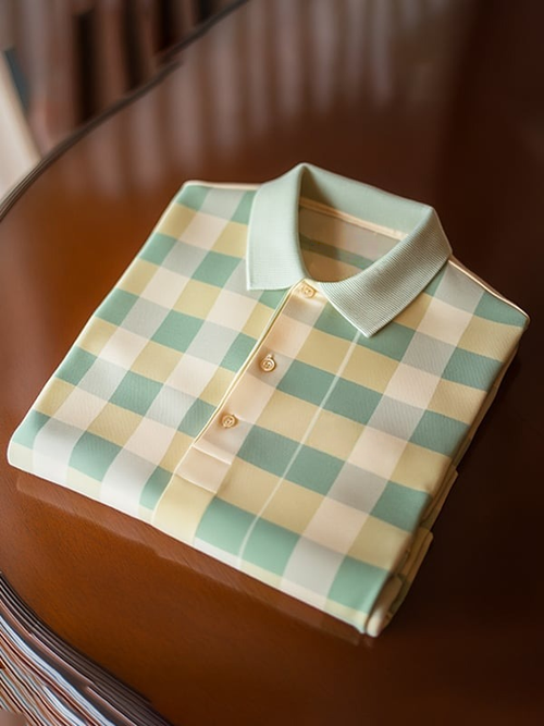 Men's Classic Business Check Logo Button Short Sleeve Polo Shirt