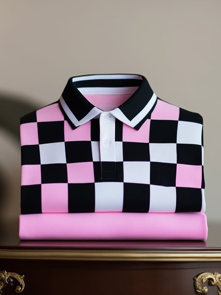 Men's Classic Business Check Logo Button Short Sleeve Polo Shirt