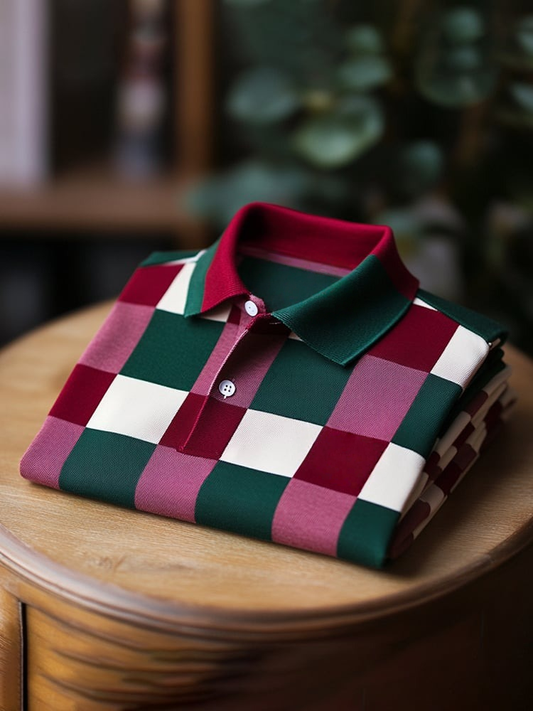 Men's Classic Business Check Logo Button Short Sleeve Polo Shirt