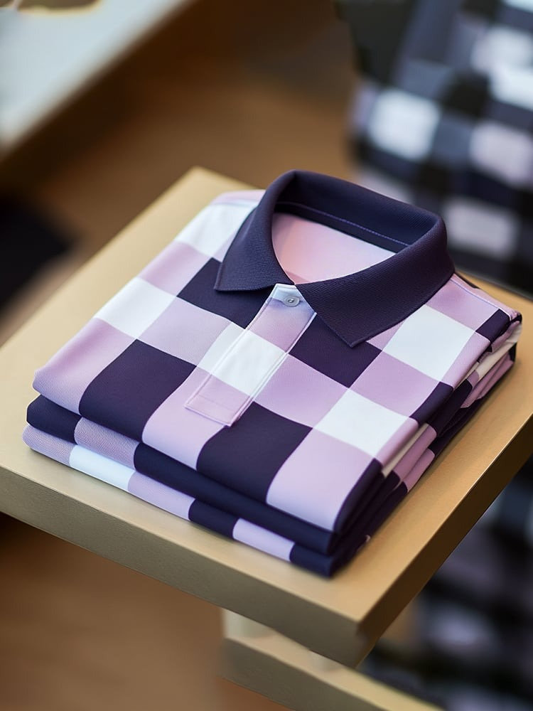 Men's Classic Business Check Logo Button Short Sleeve Polo Shirt