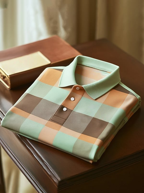 Men's Classic Business Checkerboard Logo Button Short Sleeve Polo Shirt