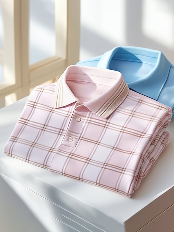 Men's Classic Business Check Logo Button Short Sleeve Polo Shirt