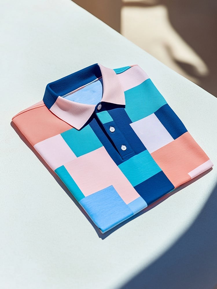 Men's Business Casual Blue and Pink Block Button Short Sleeve Polo Shirt