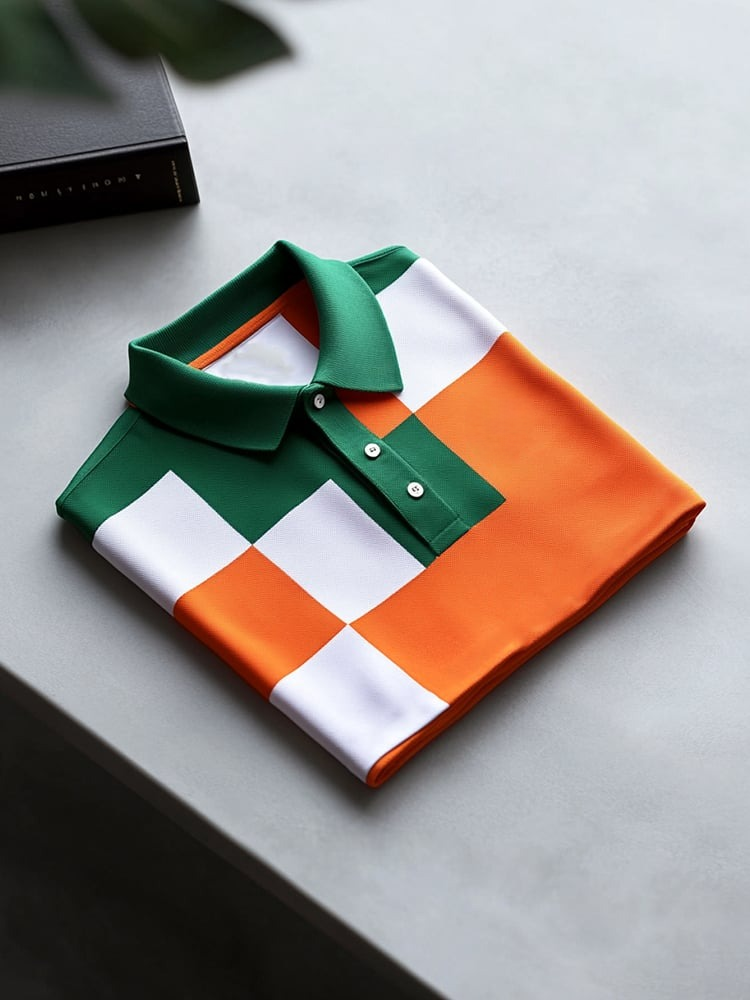 Men's Business Casual Orange Green Block Button Short Sleeve Polo Shirt