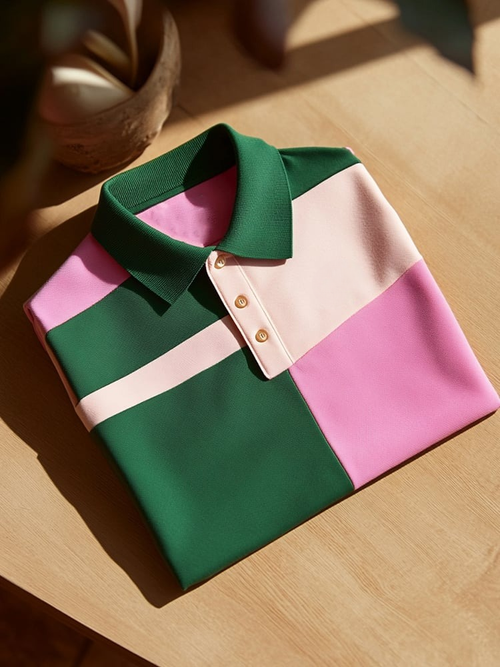 Men's Business Casual Pastel Green Block Button Short Sleeve Polo Shirt