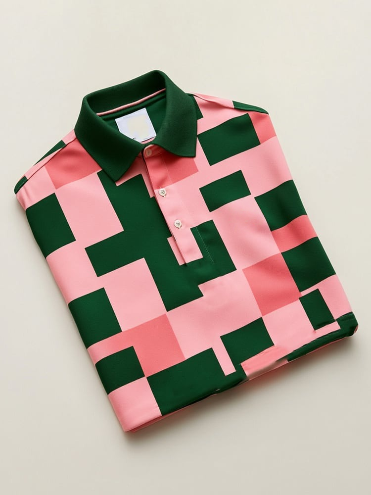 Men's Business Casual Pink Green Plaid Button Short Sleeve Polo Shirt
