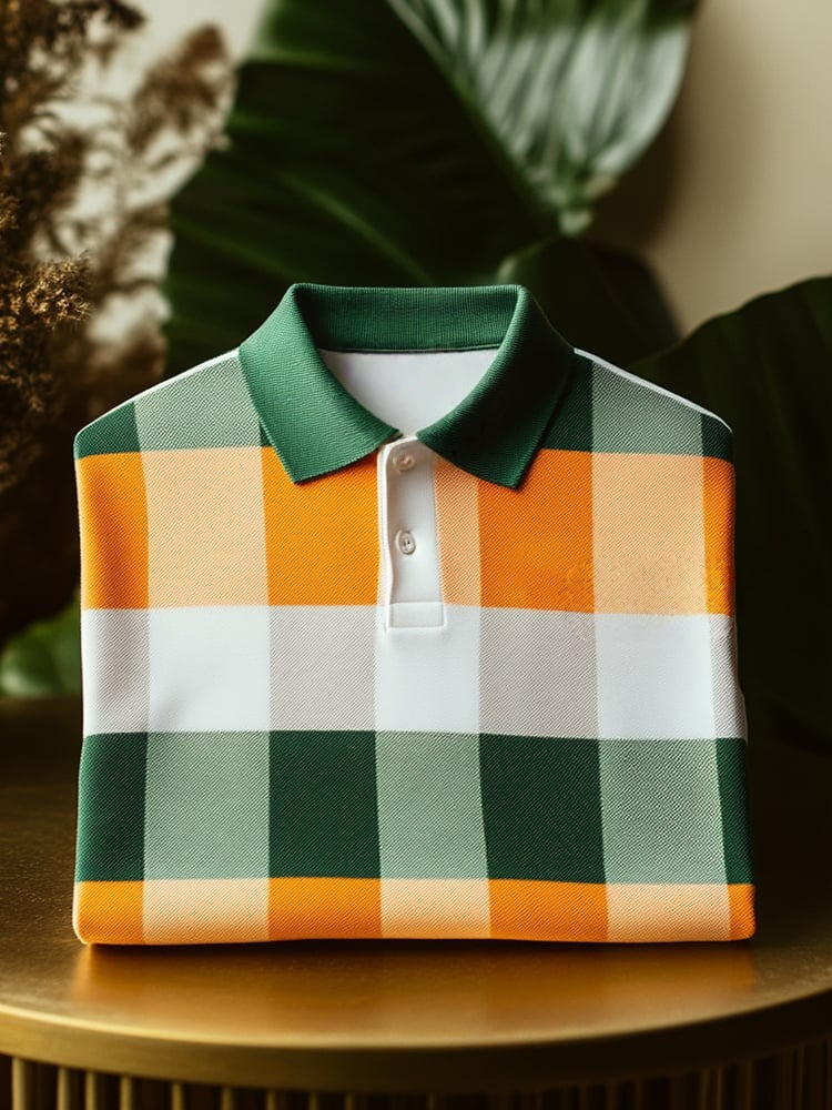 Men's Classic Business Check Logo Button Short Sleeve Polo Shirt