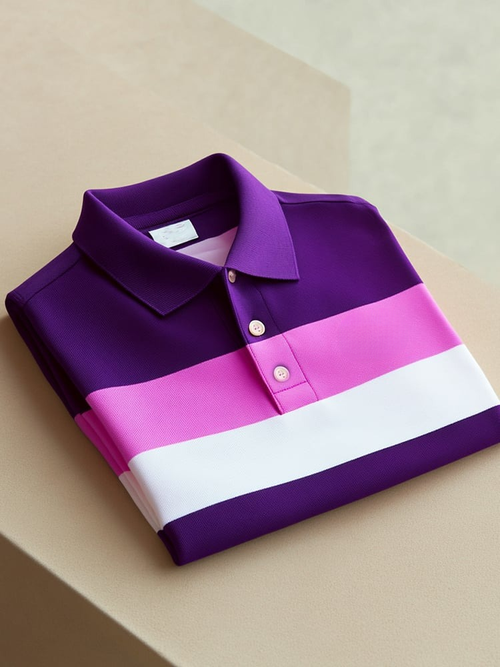 Men's Business Casual Purple Pink Stripe Button Short Sleeve Polo Shirt