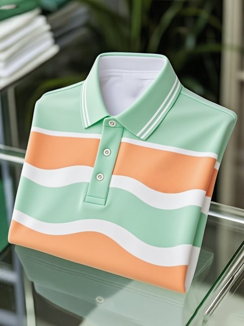 Men's Business Casual Orange and Green Wave Button Short Sleeve Polo Shirt