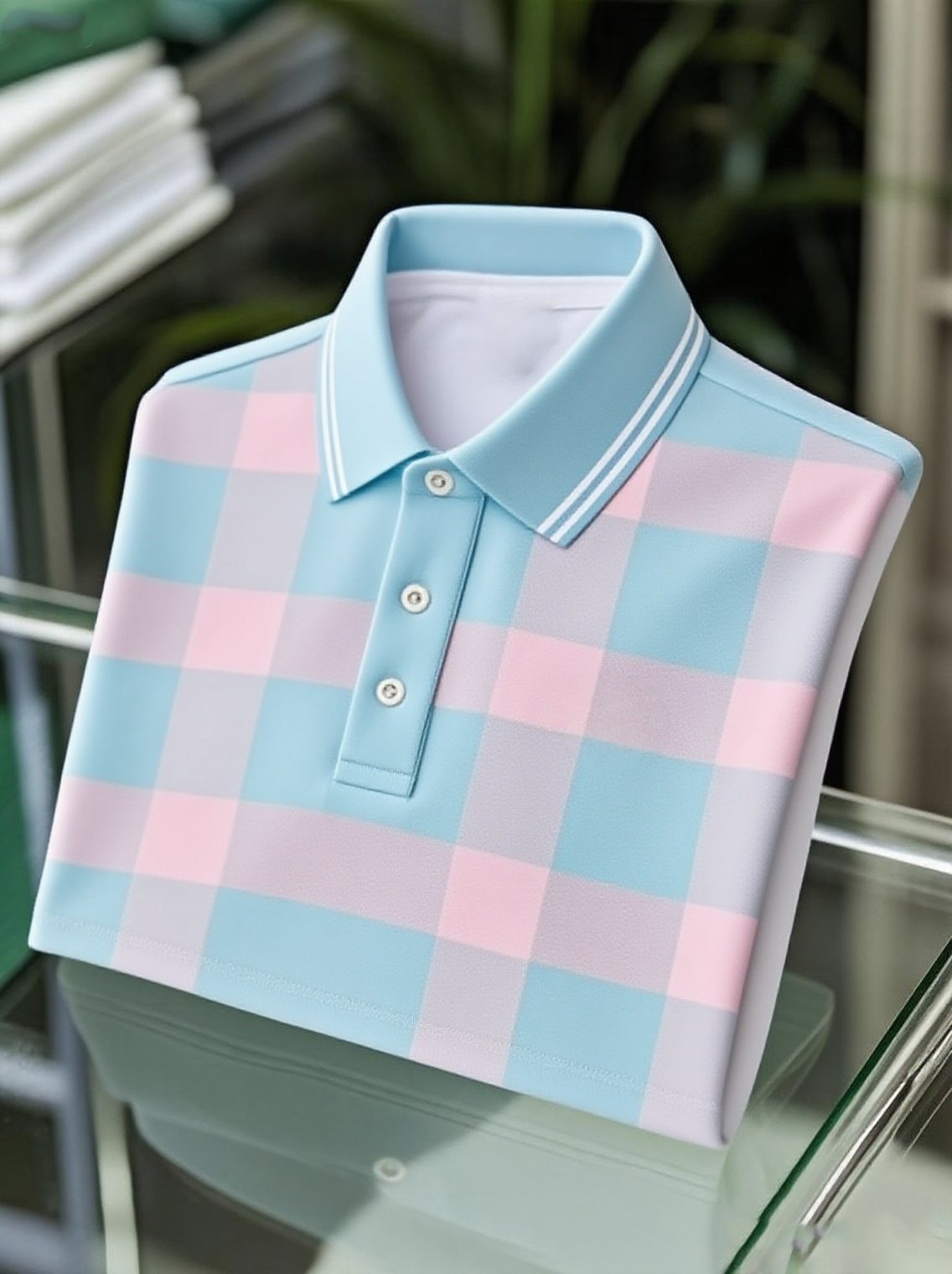 Men's Business Casual Blue and Pink Plaid Button Short Sleeve Polo Shirt