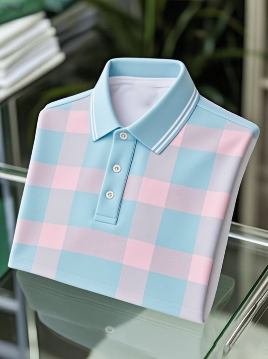 Men's Business Casual Blue and Pink Plaid Button Short Sleeve Polo Shirt