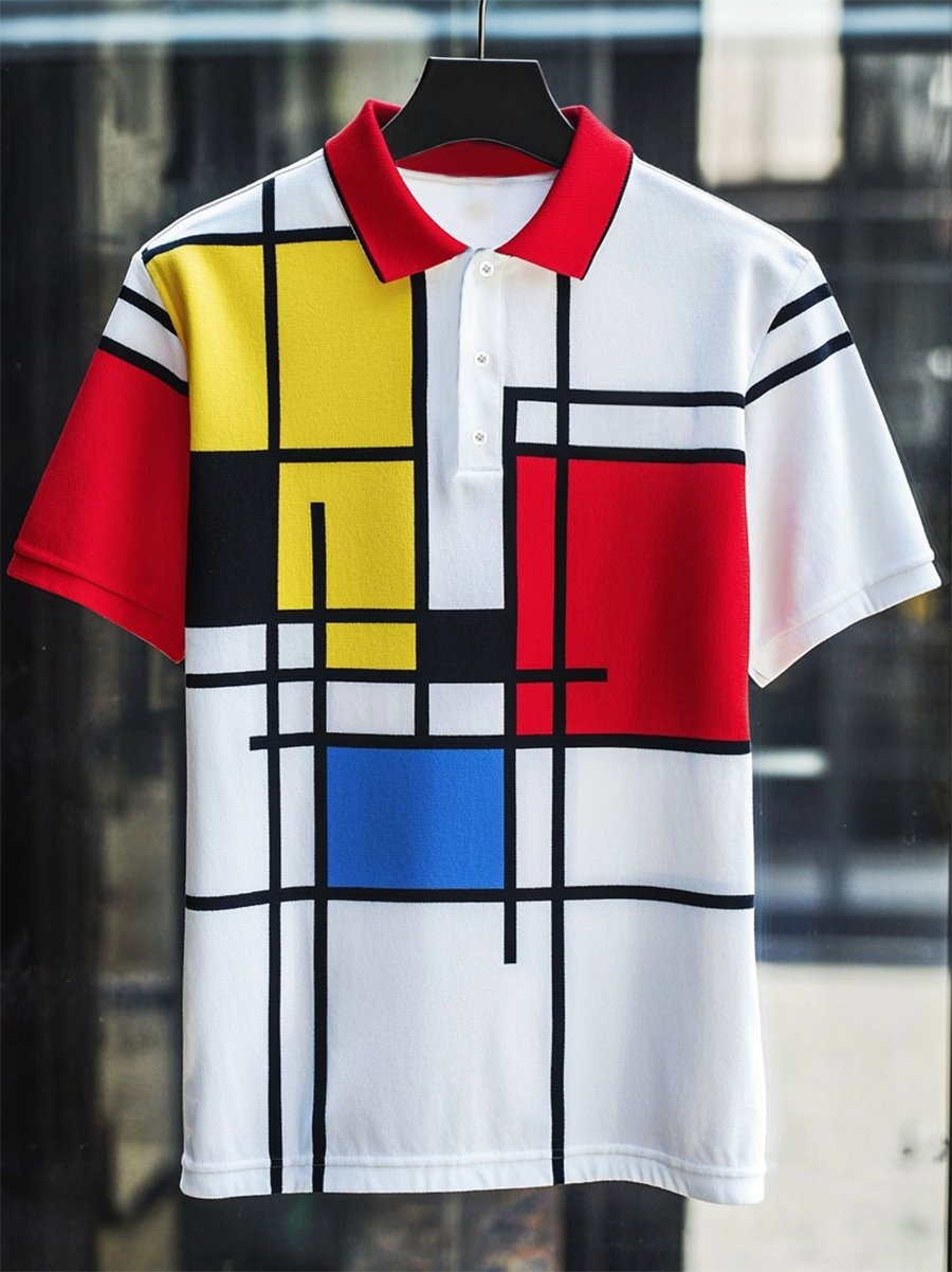 Men's Business Casual Mondrian Art Button Short Sleeve Polo Shirt