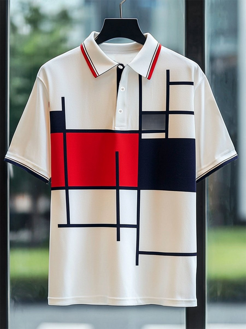 Men's Business Casual Mondrian Art Button Short Sleeve Polo Shirt